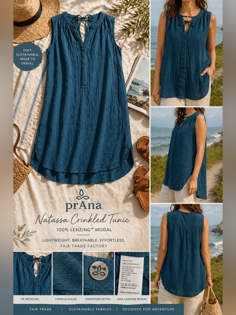 prAna Natassa Tunic Crinkle Gauze Modal Blue Sleeveless Size M